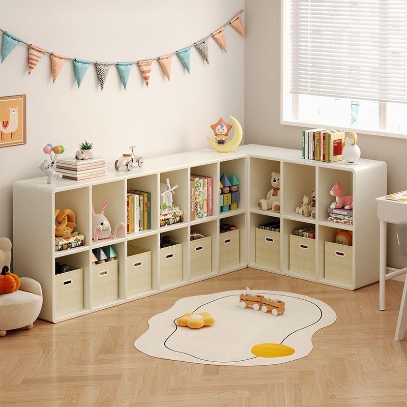 实木儿童书柜学生书架落地置物架一体阅读区组合格子柜幼儿园矮柜