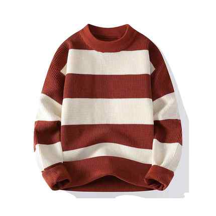 秋冬对比条纹男针织衫新款加厚暖红色针织衫新潮品牌男圆领1215u