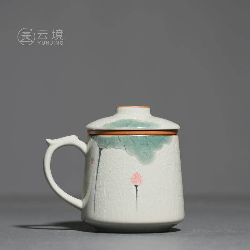 釉下彩冰裂手绘荷花办公杯中式陶瓷带盖过滤马克杯家用泡茶水杯