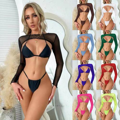 Long sleeved mesh cover shirt, three swimsuits, women's