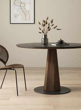 实木圆形岩板餐桌简约小户型纯黑圆桌覆古黑胡桃色家用饭厅饭桌