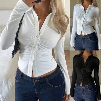 Women's White Ruched Waist Shirt Blouse Long Sleeve Slim