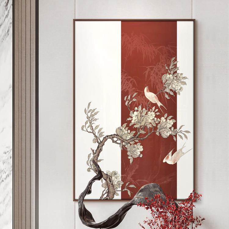 新中式餐厅《双莺竹雅》山水花鸟装饰画 板房软装样客厅大气挂画