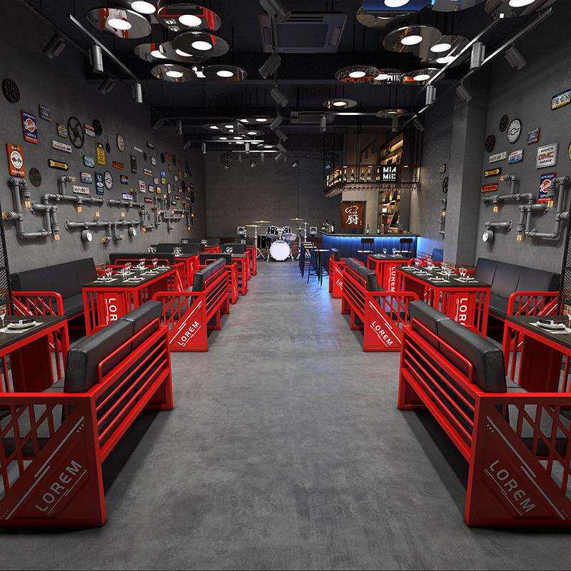 卡座沙发网红铁艺奶茶店咖啡酒吧清吧烧烤店休息区工业风桌椅组合
