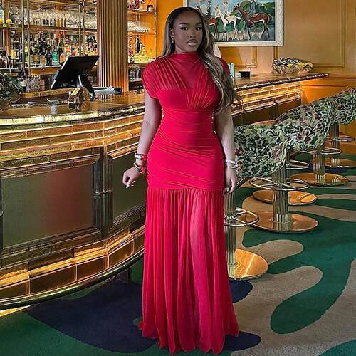 Women's patchwork hip skirt sleeveless high neck long dress