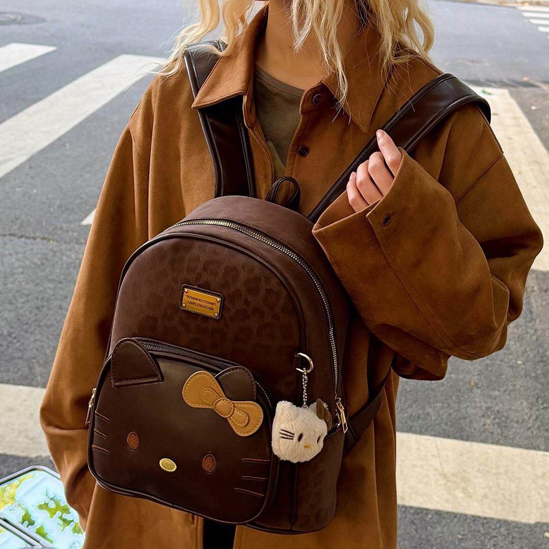 韩版ins豹纹卡通猫双肩包包女小众设计复古学生书包百搭手提背包