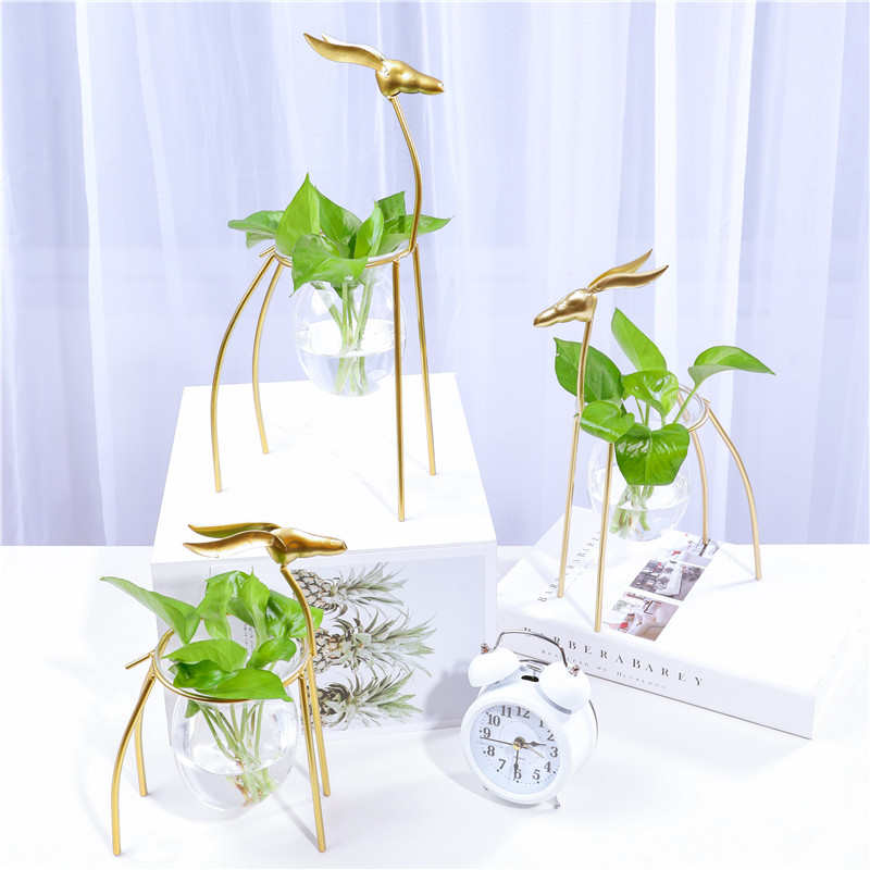 水培绿萝透明玻璃花瓶创意铁艺小清新家居客厅餐桌插花装饰品摆件
