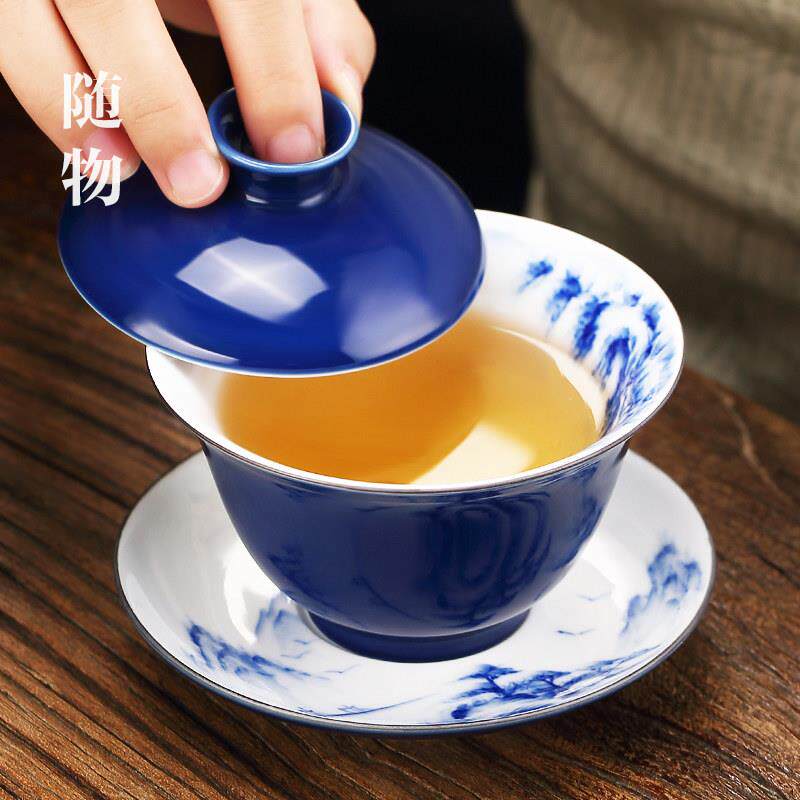 霁蓝青花瓷盖碗茶杯景德镇陶瓷茶具不烫手功夫三才泡茶碗大号单个