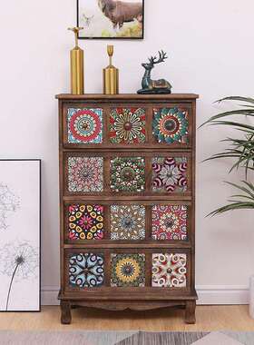 美式实木储物柜柜复客古厅斗柜彩绘抽屉式收阳纳柜台多层置物UQA