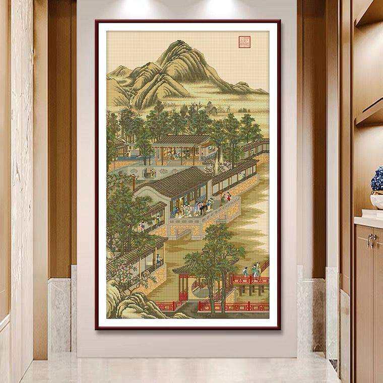 雍正十二月七月十字绣2024新款线绣客厅竖版玄关古典名画图自己绣