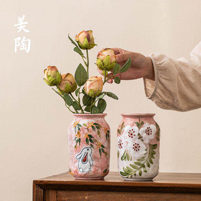 景德镇水培插花器新中式复古收纳可爱摆件小花器手绘兔子陶瓷花瓶
