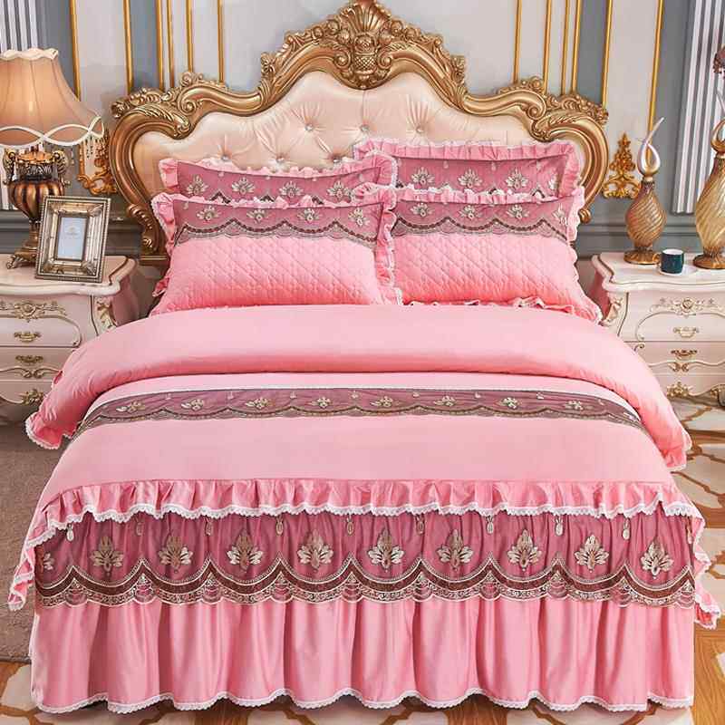 新款欧式婚全刺绣床裙四件套大红色纯棉棉加被套夹结棉厚蕾丝花边