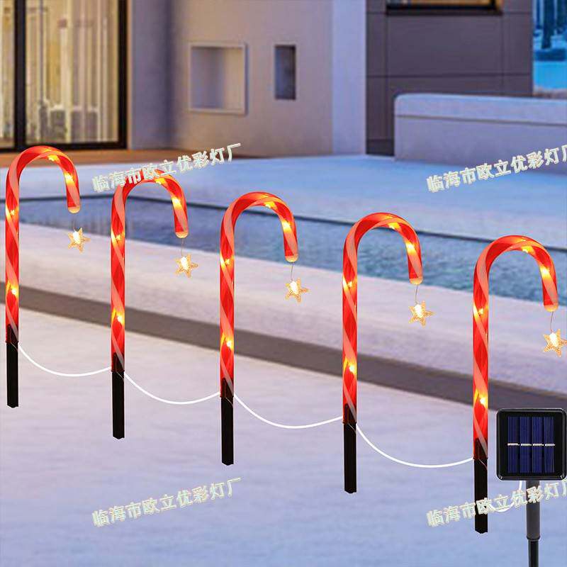 太阳能拐杖灯圣诞地插灯雪花星星LED灯串防水电池盒草坪彩灯装饰