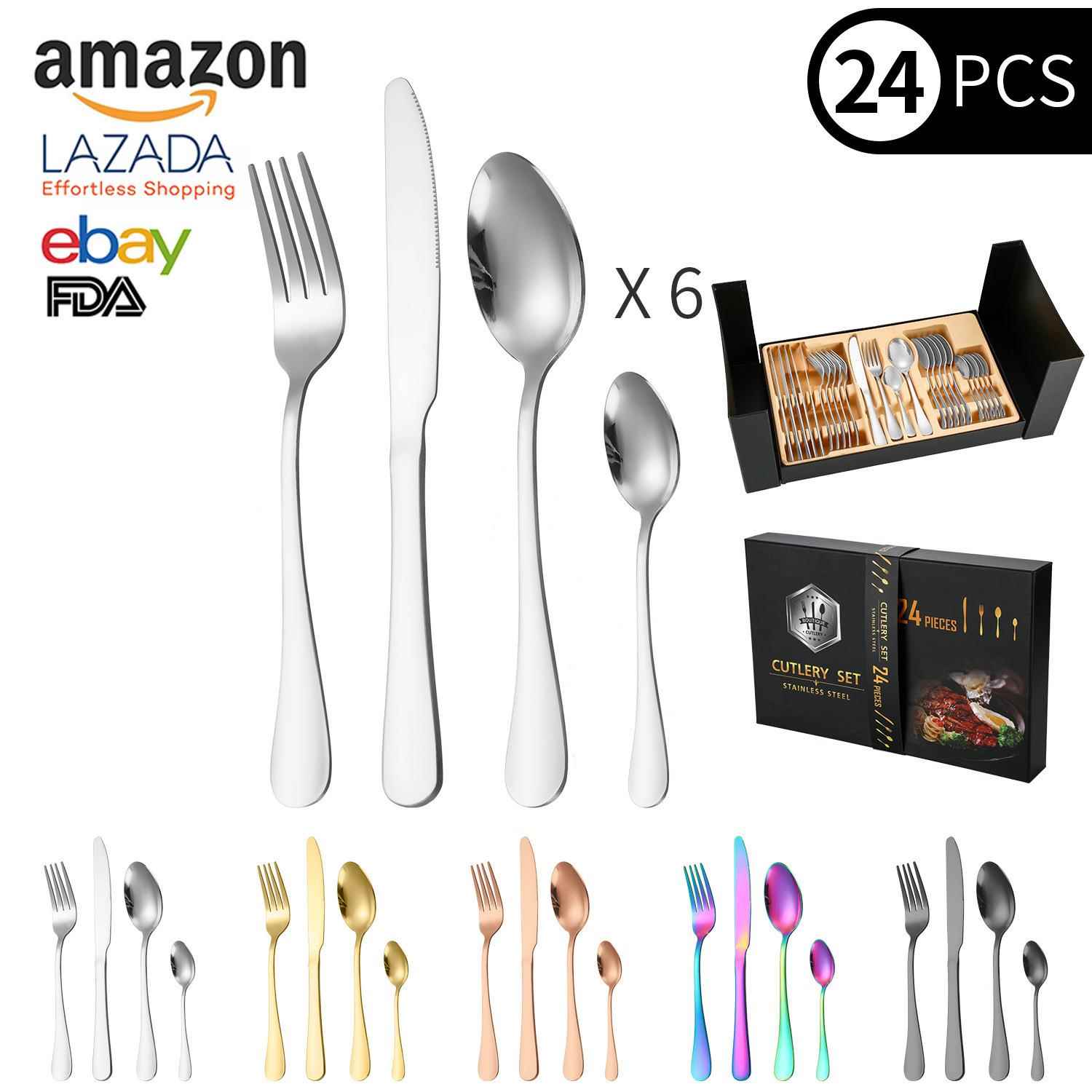 跨境不锈钢1010餐具24件套四主件6人份酒店黑色盒子西餐牛排刀叉