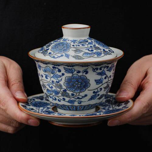 汝窑三才盖碗仿古金丝缠枝莲青花个人办公家用功夫泡茶碗陶瓷茶具