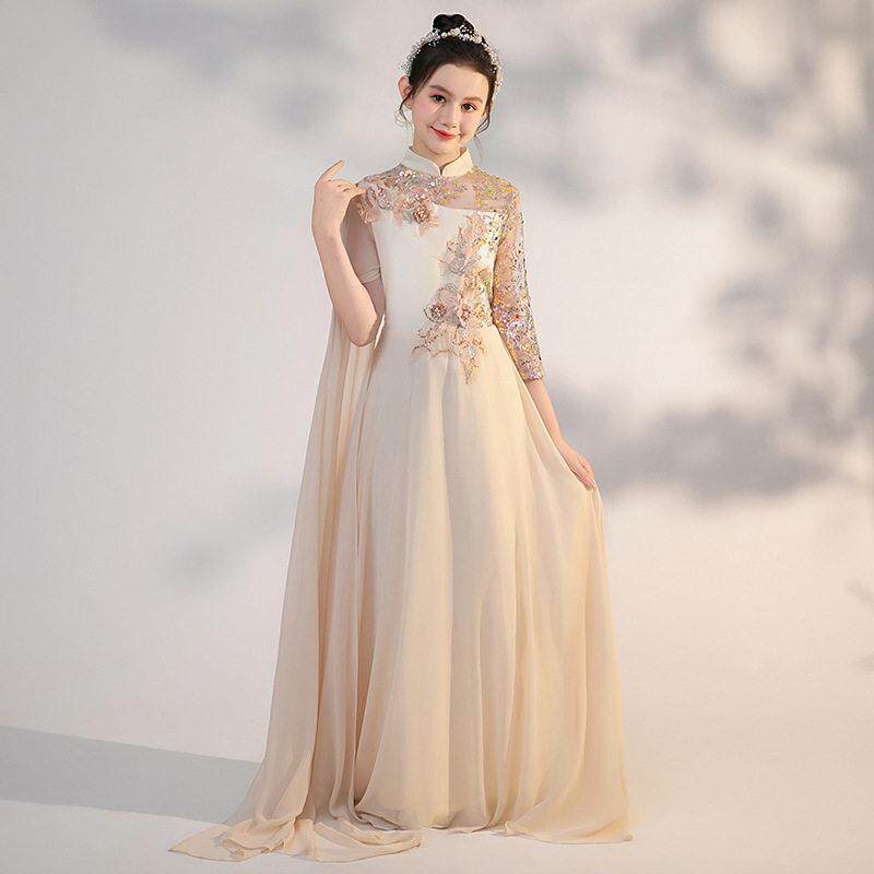 国风礼服长裙2023新款超仙中小学生典雅香槟金女孩水袖古筝演出服