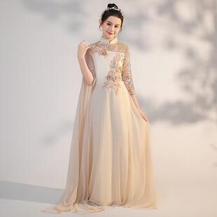 国风礼服长裙2023新款 古筝演出服 超仙中小学生典雅香槟金女孩水袖