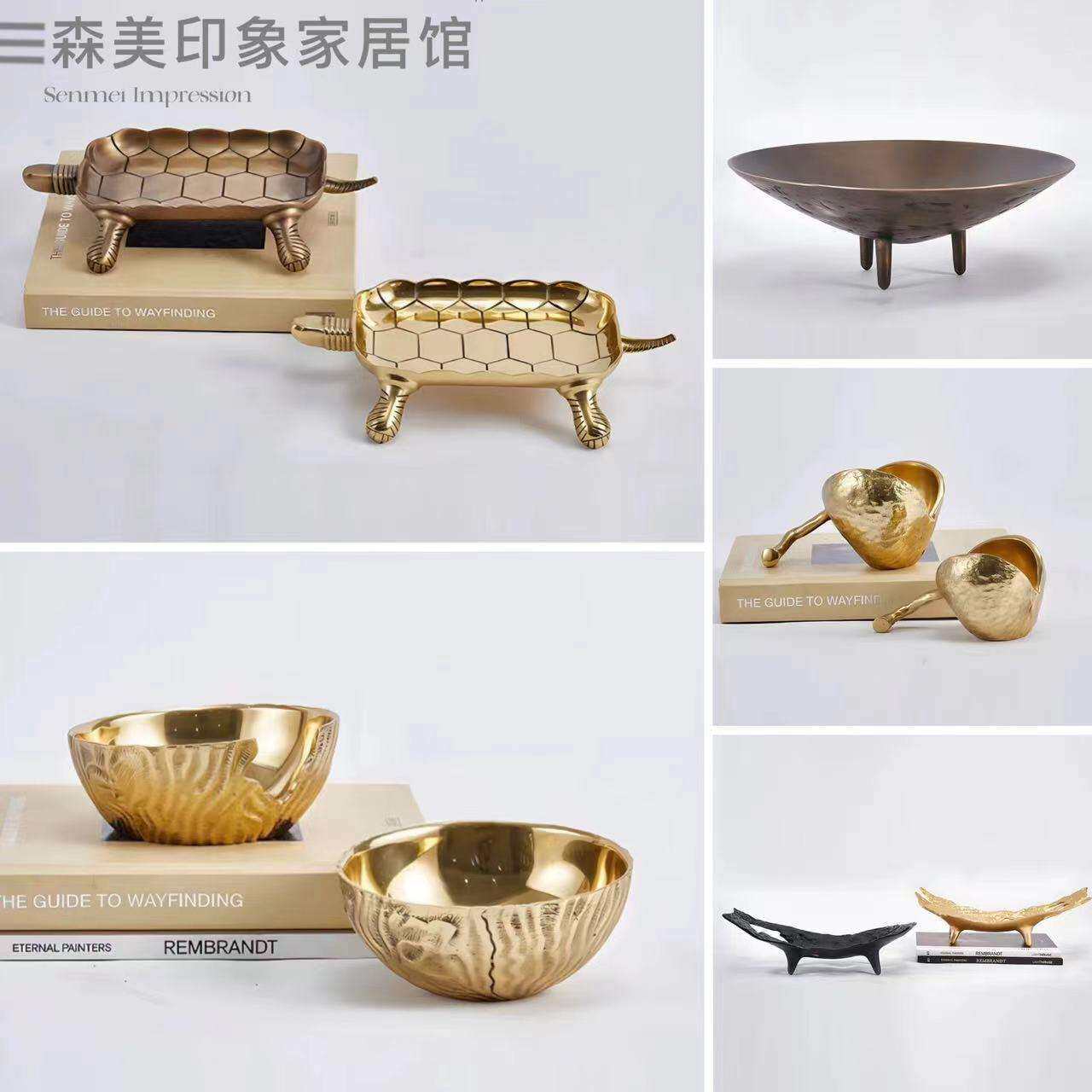 轻奢极简样板间客厅餐厅厨房桌面金色金属洞石大理石果盘乌龟摆件