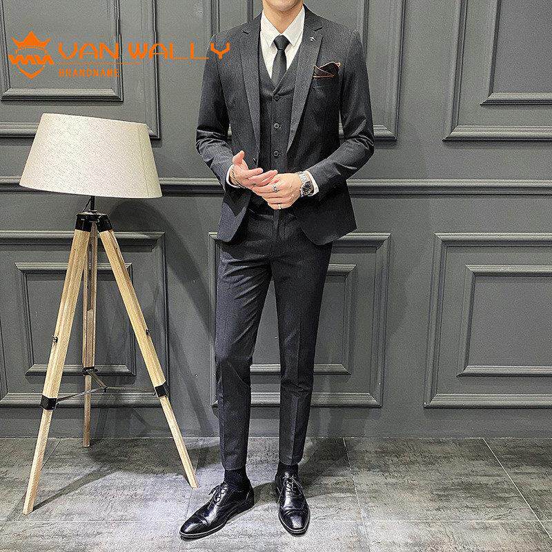 新郎西服套装商务休闲灰色西装三件套男士韩版潮流春夏上班职业装