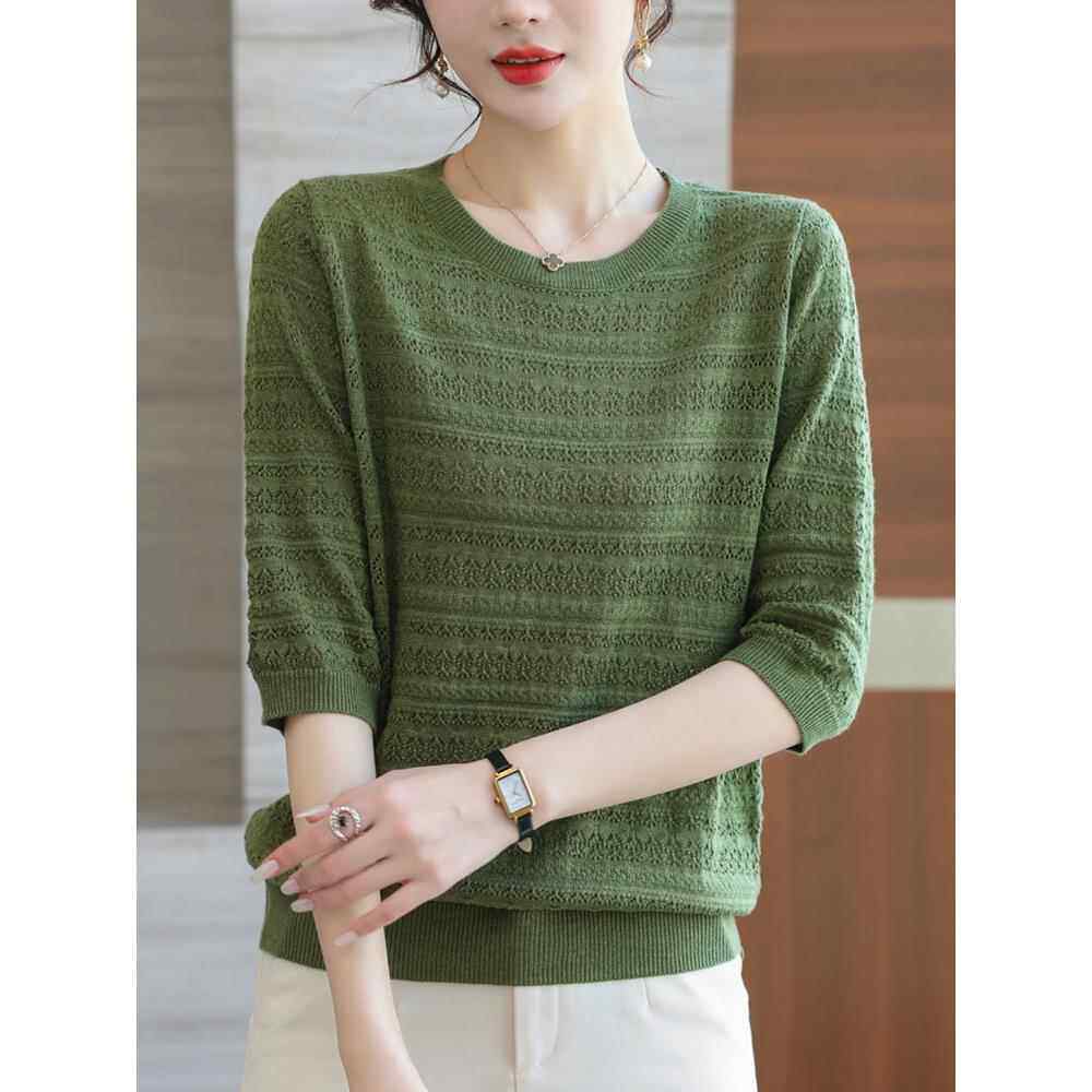 中年妈妈春秋季中袖针织衫女式宽松加码外国风格剪裁t恤夏季底薄