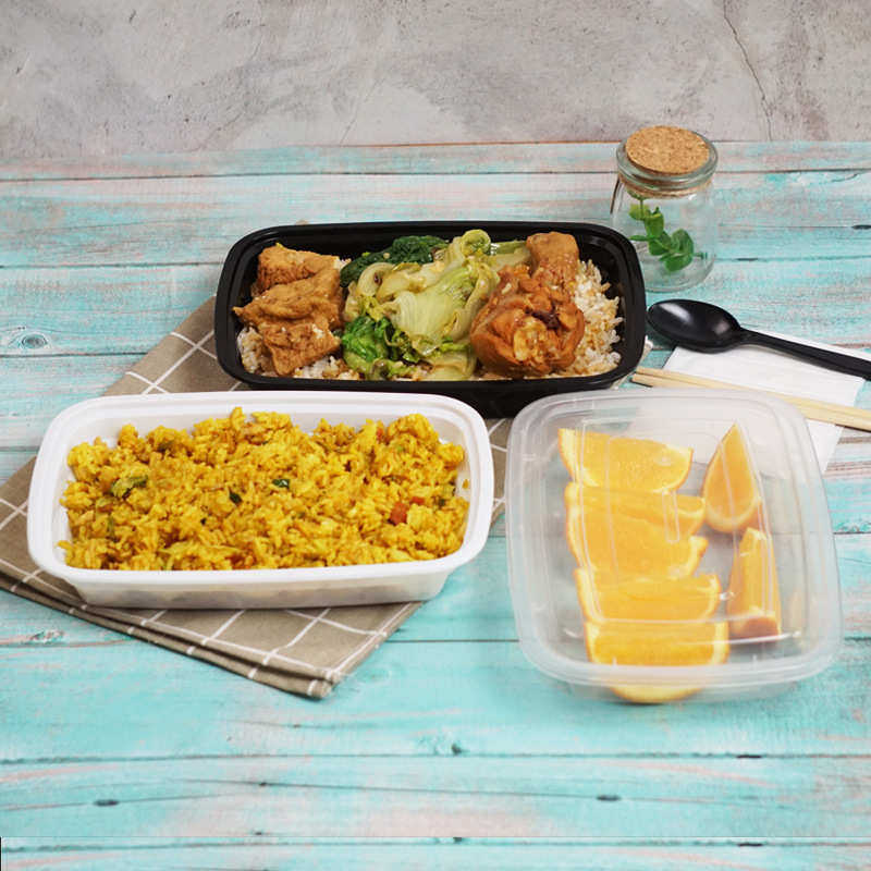 一次性餐盒1200ml透明黑色长方形打包外卖宽扁塑料加厚带盖饺子