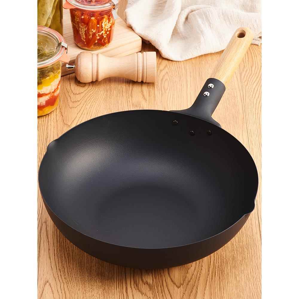 高档日本进口锅磁家用炒铁锅燃气电炉用木柄通炒锅