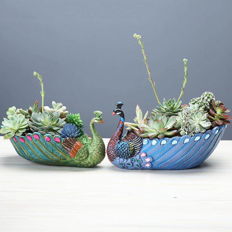 欧式卡通树脂多肉花盆大口径孔雀动物花园摆件植物拼盆创意可爱