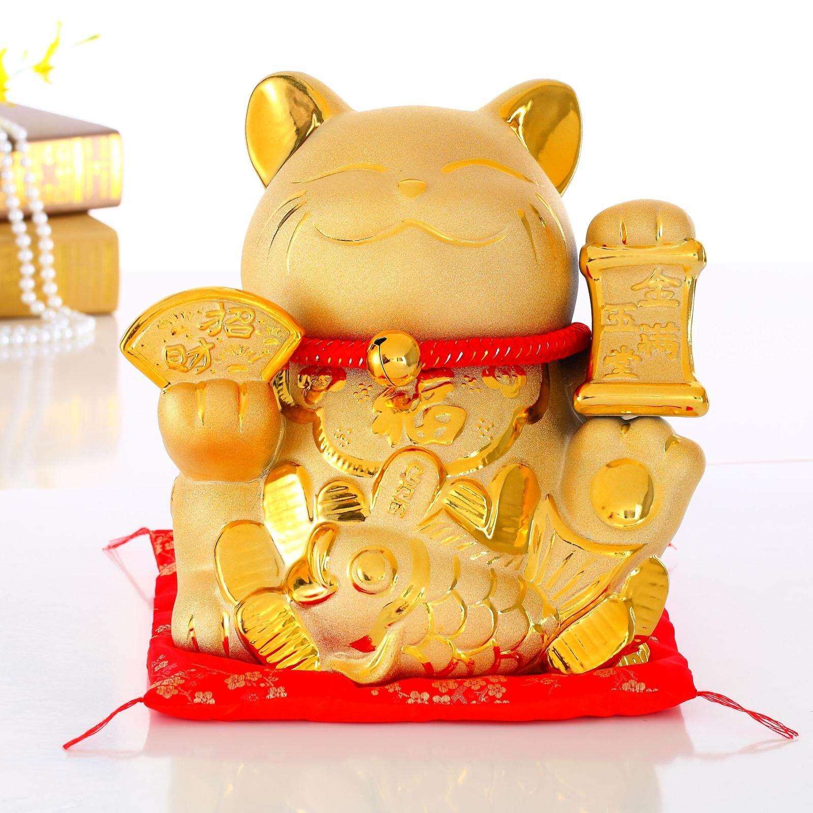 金色招财猫摆件大号陶瓷大气发财猫存钱罐或摇手开业装饰创意礼物