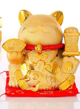 金色招财猫摆件大号陶瓷大气发财猫存钱罐或摇手开业装饰创意礼物