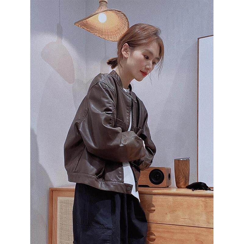 欧洲站美拉德短款机车皮衣外套女2025新款春棕色高级感小个子夹克