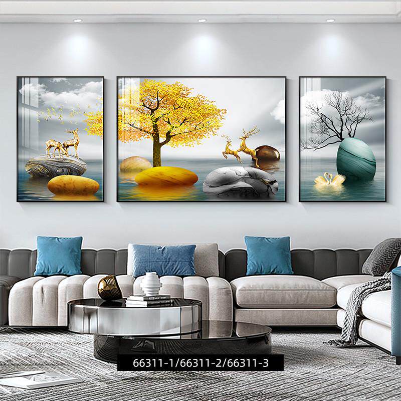 福鹿山水客厅装饰画轻奢高级感沙发背景蓝色抽象三联挂画壁画金属