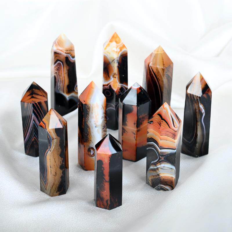 天然红黑缠丝玛瑙六棱柱花玛瑙水晶水晶原石打磨家居办公摆件装饰