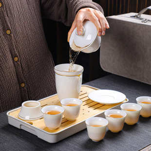 羊脂玉白瓷茶具功夫茶具套装 盖碗旅行茶具商务礼品实体批发印logo