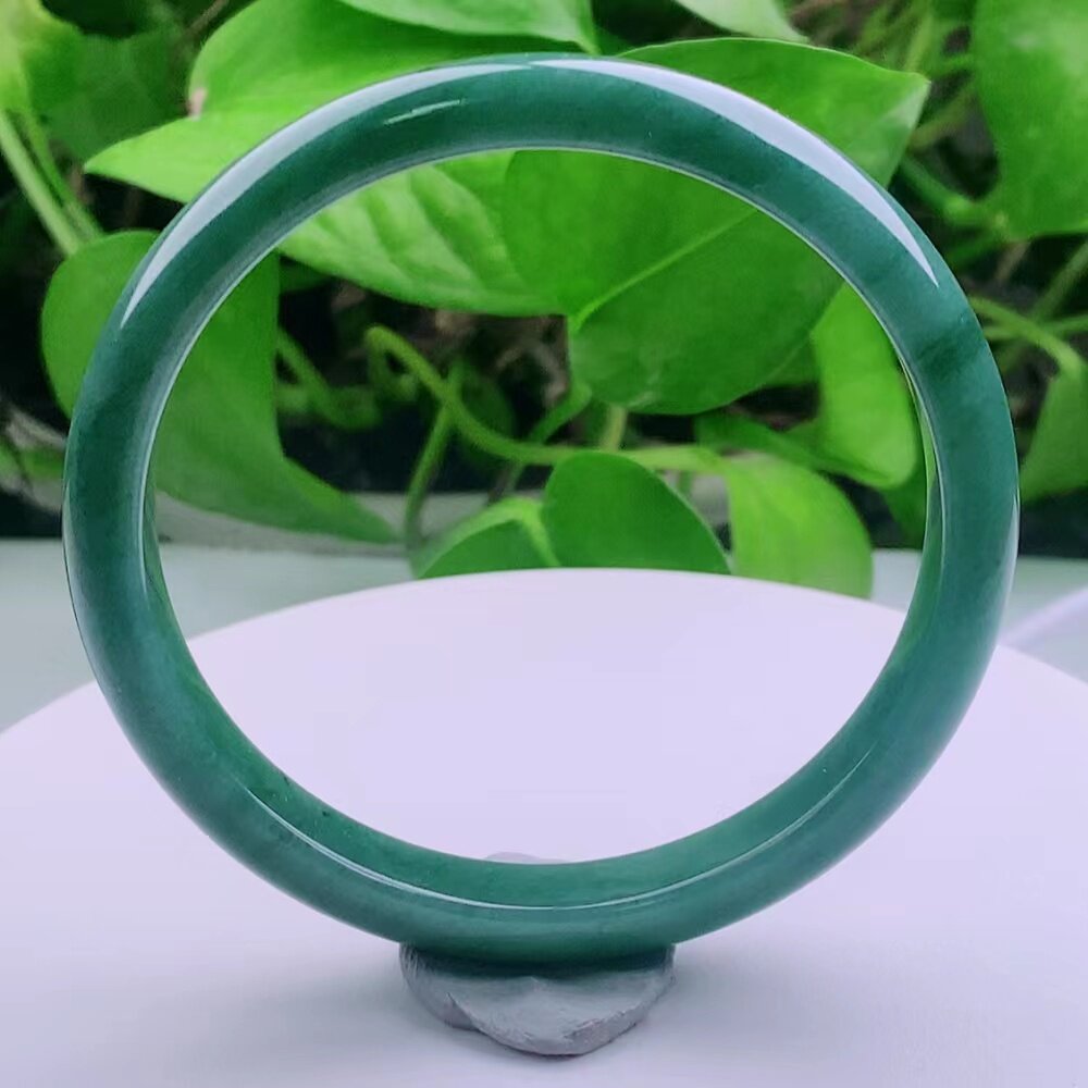 58圈口 天然细腻真品翡翠玉镯 好种水润冰蓝水满色正圈手镯34.27g