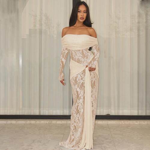 Women Spring Autumn Sleeve Slash Neck Lace See Through