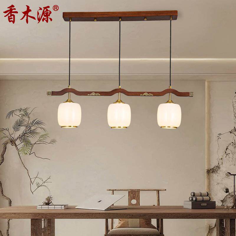 新中式餐厅吊灯全铜实木禅意茶室餐桌吧台灯三头长条饭厅灯具6338