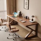 实木K字双人书桌家用长条桌卧室中古风电脑桌学习桌大板办公桌