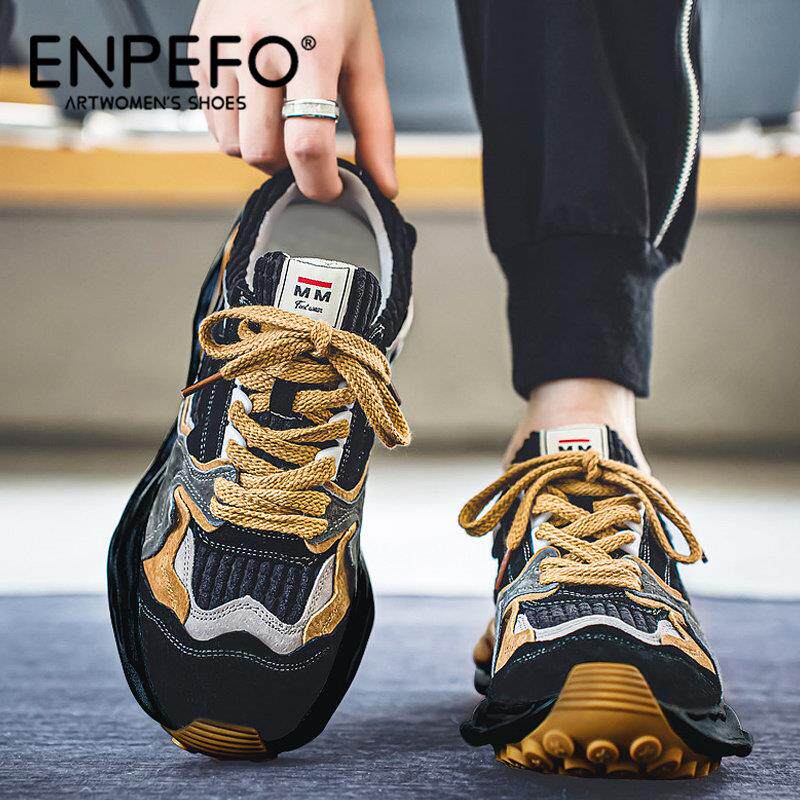 ENPEFO阿甘男鞋2025新款休闲运动厚底增高黑色老爹拼色潮鞋冬季