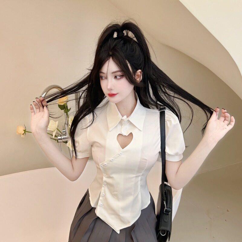 夏季短袖衬衫女设计感小众甜辣妹镂空衬衫不规则泡泡袖修身上衣潮