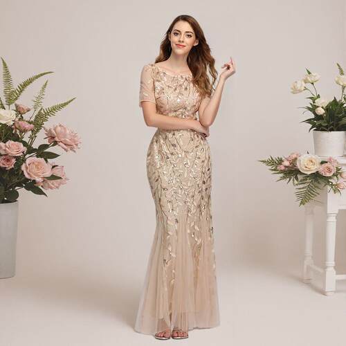 Floral Sequin Maxi Fishtail Tulle Prom Dress With Short