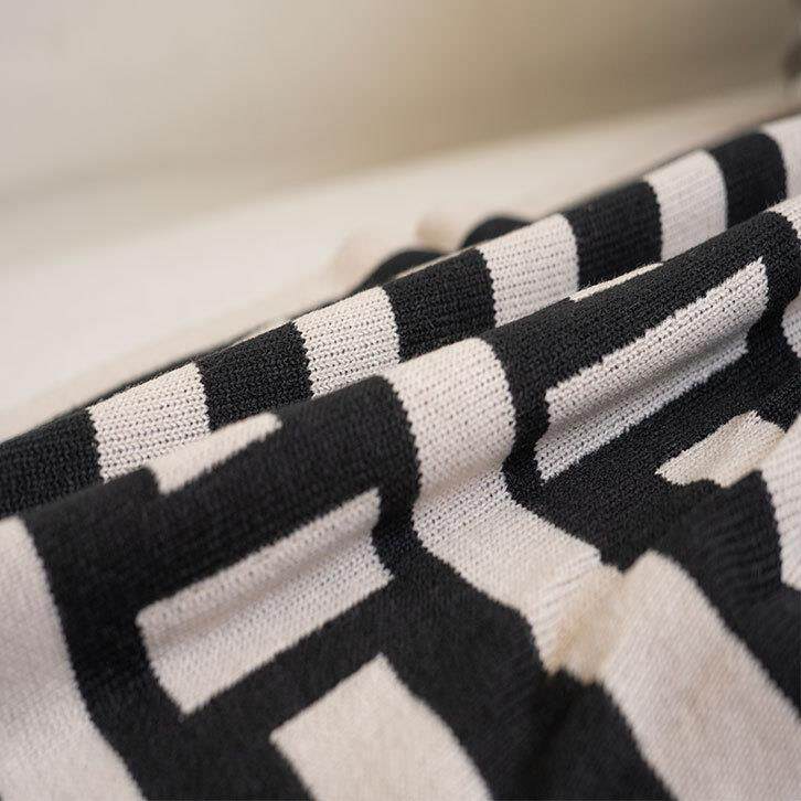 办公室毛线针织毯子沙发盖毯床尾巾搭毯样板房搭巾蓝色黑色回形纹