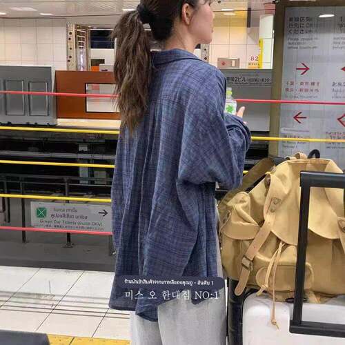 吴小姐seoul韩代韩国小众linenne翻领慵懒风宽松中长款格子衬衫