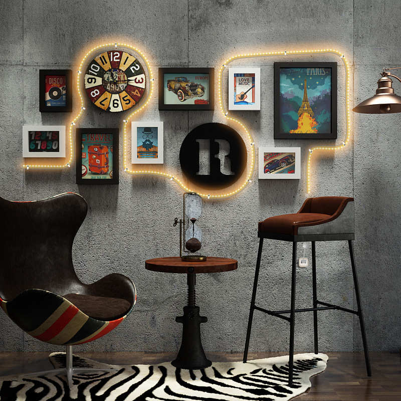 高分子0021复古酒吧LED灯带照片墙创意组合相框家居发光装饰画