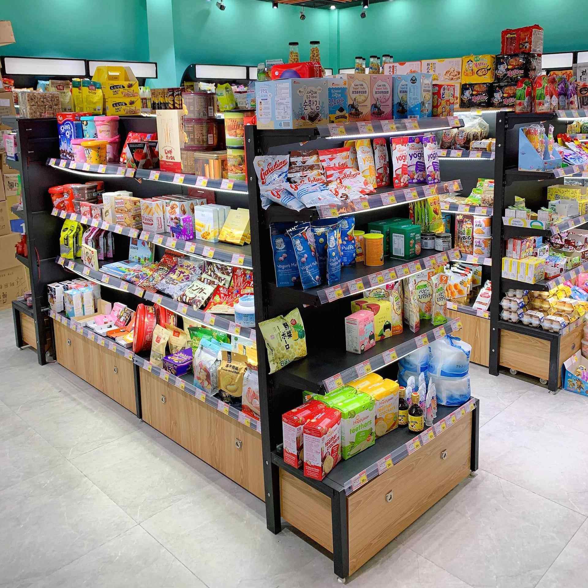 零食柜子散称货架展示架便利店饼干架糖果钢木散货柜商用钢木结构