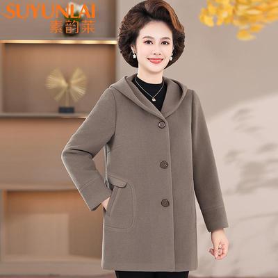 妈妈秋冬新款高贵连帽毛呢子大衣中年妇女中长上衣中老年冬装外套