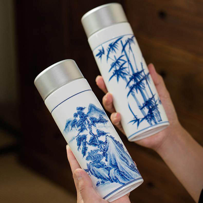 智能一键速开双层陶瓷保温杯景德镇手绘青花瓷直筒养生杯送领导用