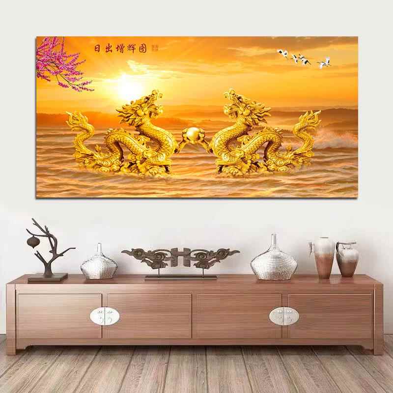龙画挂画中国风金龙双龙戏珠招财风水画贴画旺宅办公室书房墙壁画