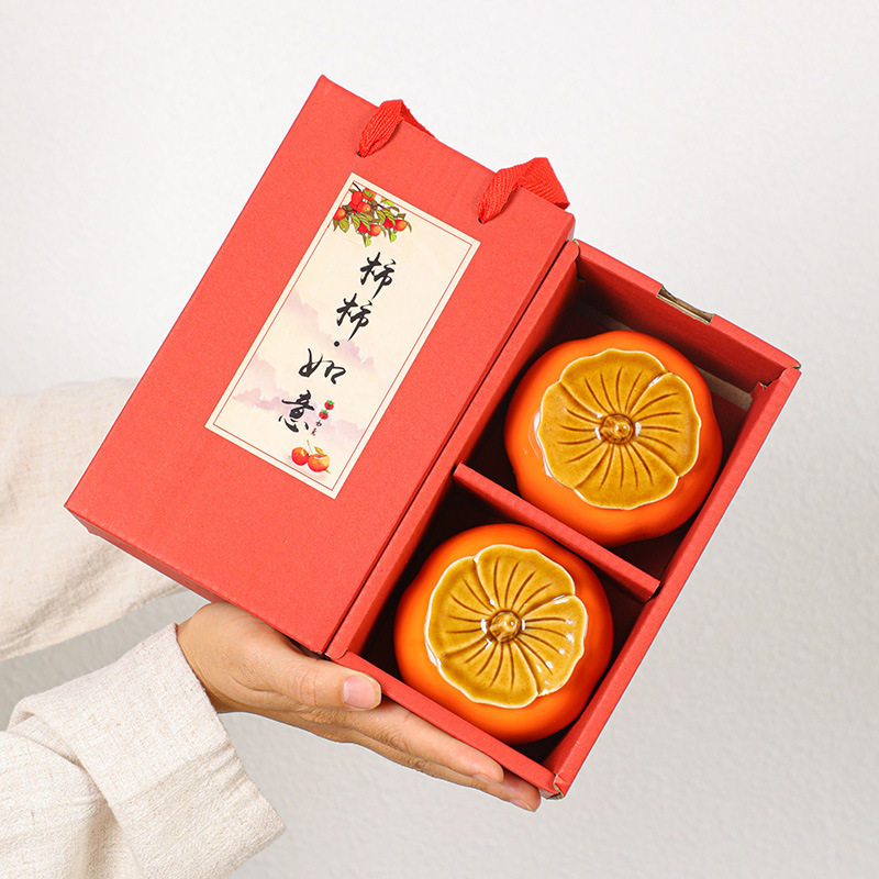 柿子喜糖盒糖罐结婚一对陶瓷罐送朋友订婚桌面摆件伴手礼节日礼品