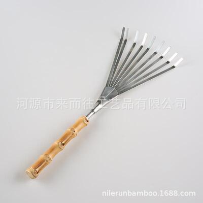 园林艺工具不锈钢竹节根木柄盆栽种植花土搂草落叶九齿小耙子
