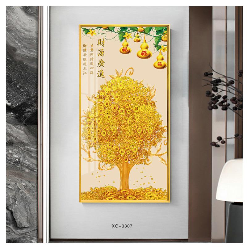 新中式发财树入户玄关装饰画富贵生财金树走廊过道壁画镶钻晶瓷画